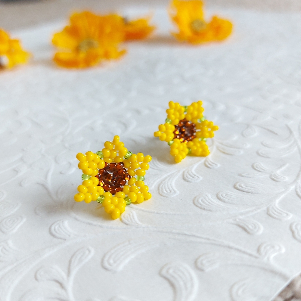 Handwoven sunflower studs